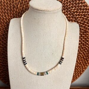 VTG Shell Heishi Necklace Turquoise Brown Brass Beads Choker 15”